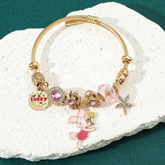 Winnie The Pooh Piglet Charm Pendant Gold Tone Bangle Bracelet - Picture 3 of 4